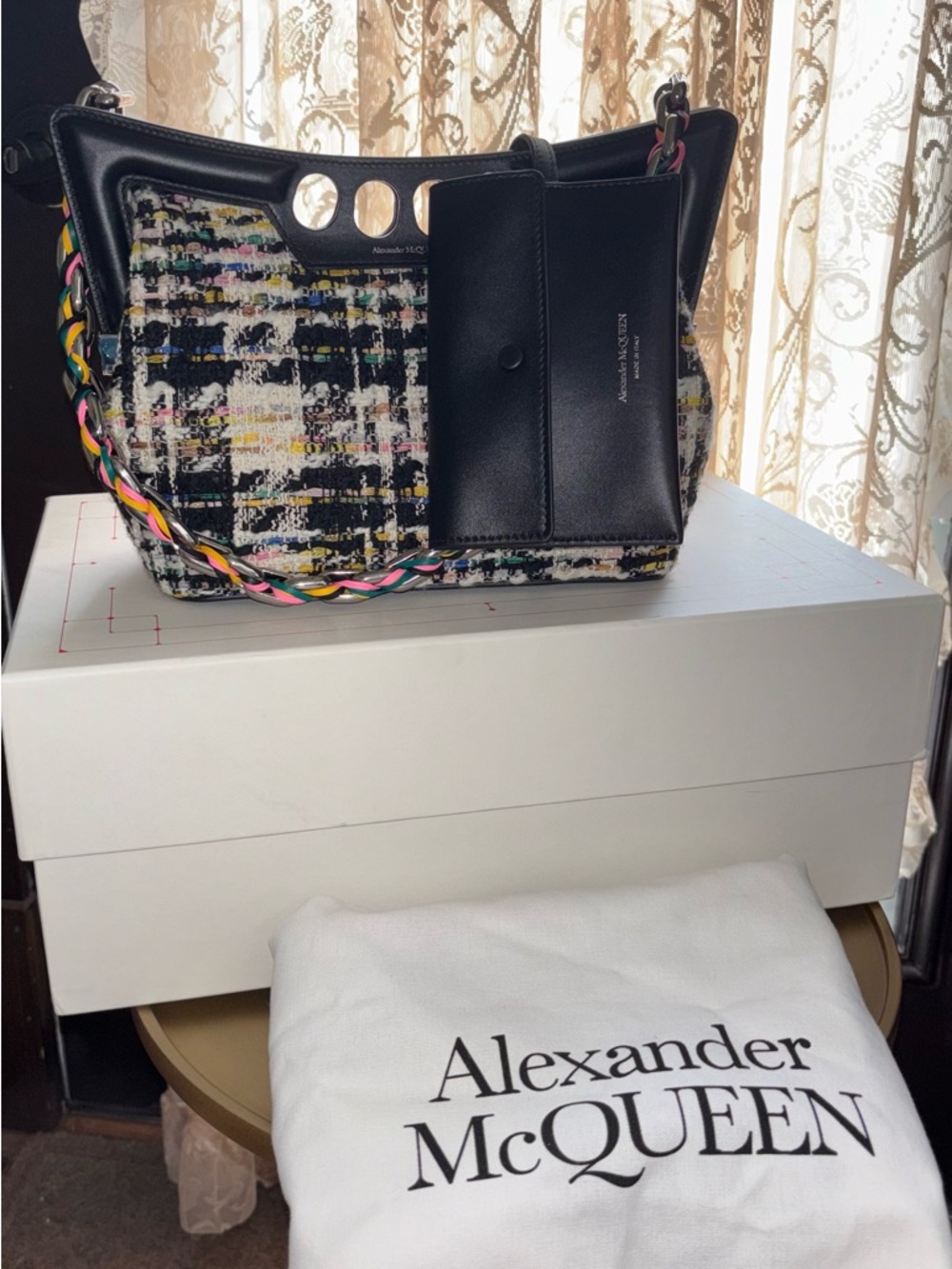 Alexander McQueen Small Peak Shoulder Bag Tweed Leather Multicolor Chain